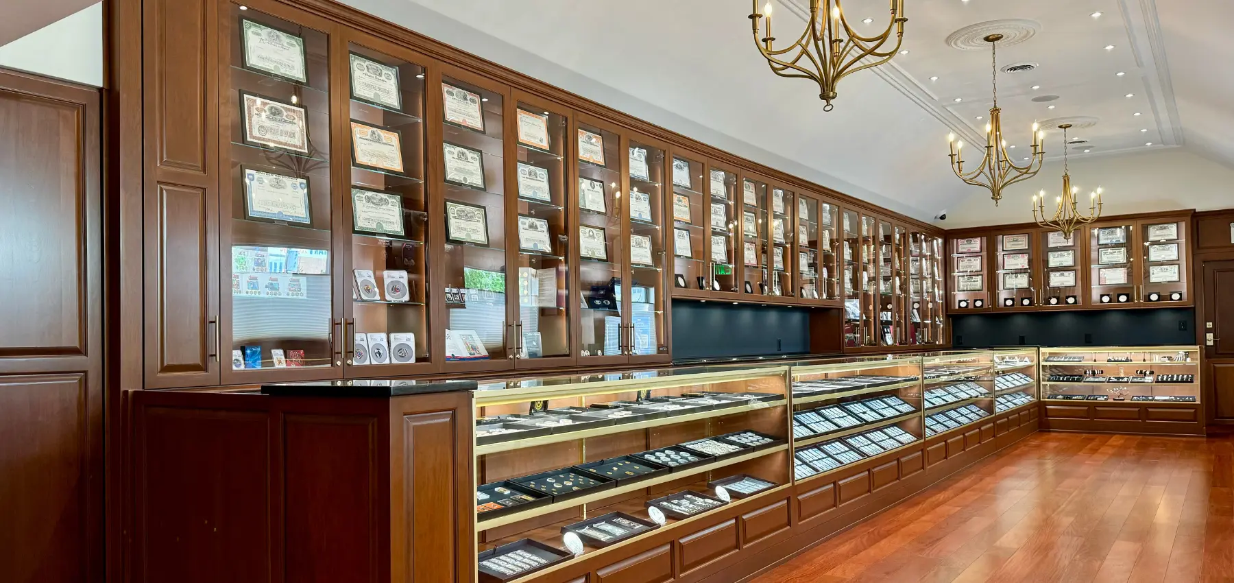 A photo of the Olevian Numismatic Rarities interior. Displays with our collection items in an elegant space.